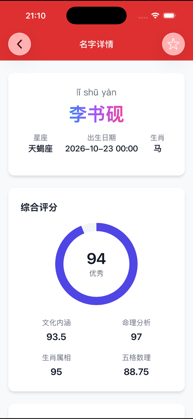 名字详情页：综合评分环与文化内涵、命理分析、生肖属相、五格数理分项得分